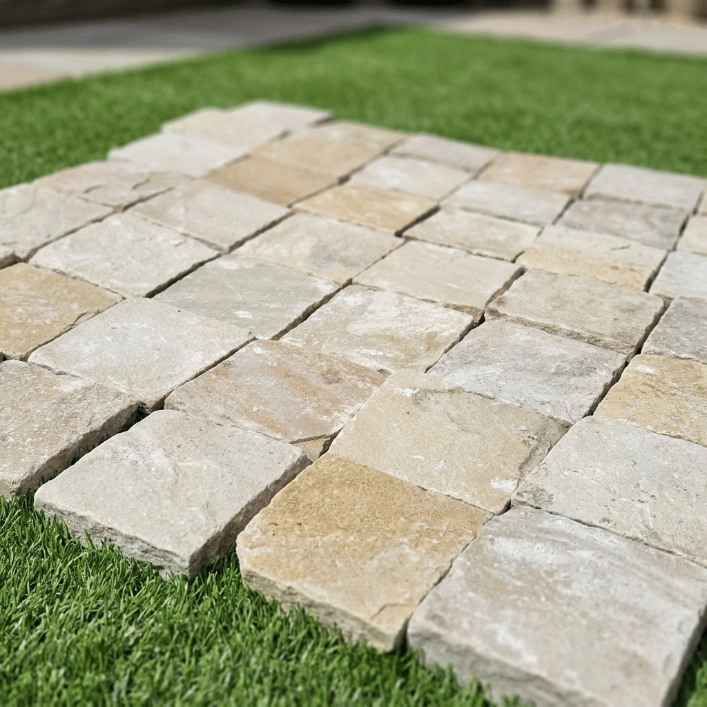 Fossil mint cobble setts close up showing texture and finish