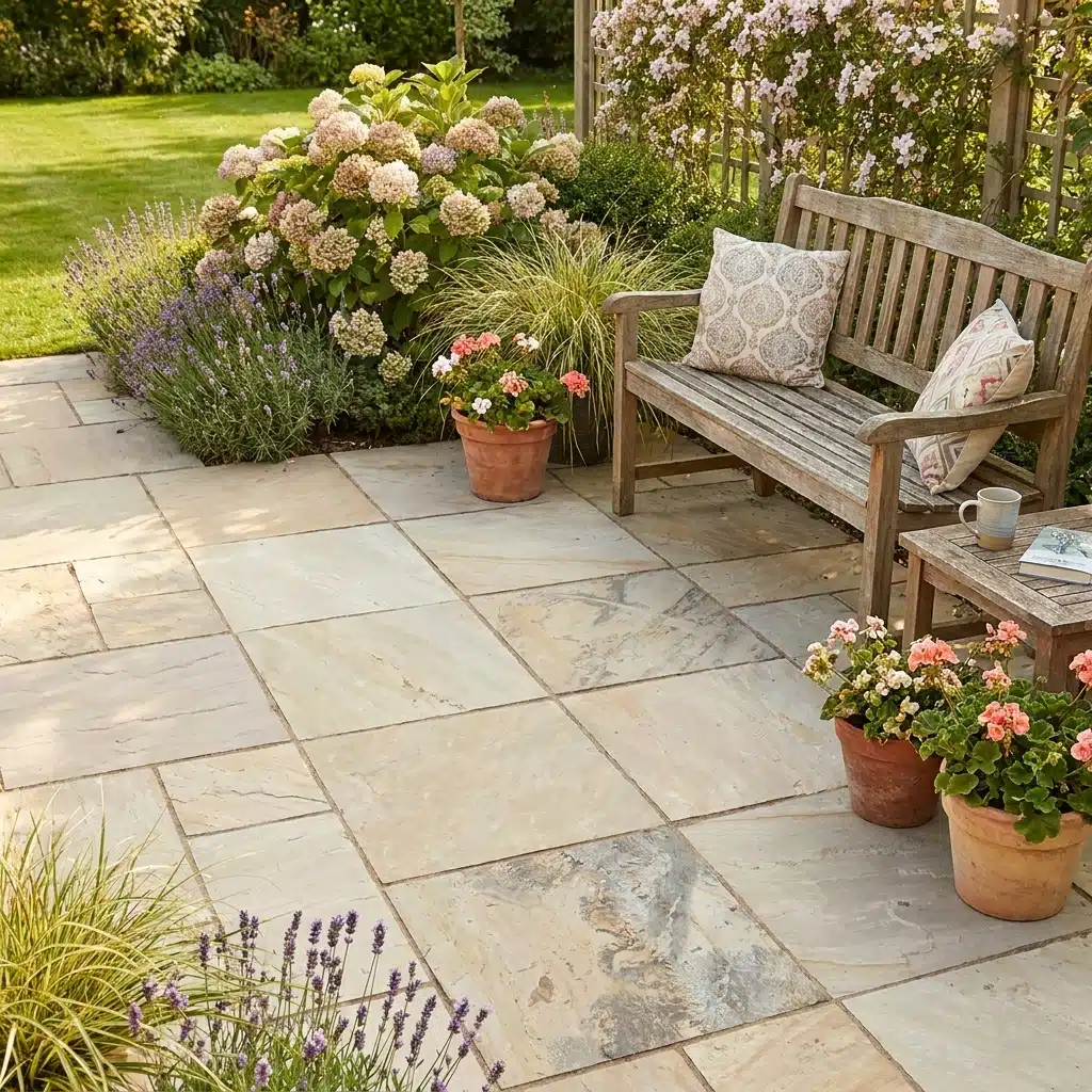 Fossil mint sandstone paving 600x600 with a bench and flowers in a UK garden setting