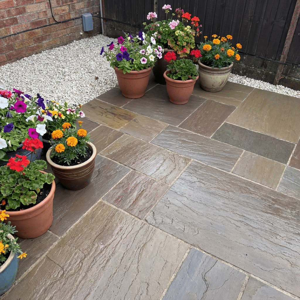 Close up of Raj Green Sandstone paving patio showing texture