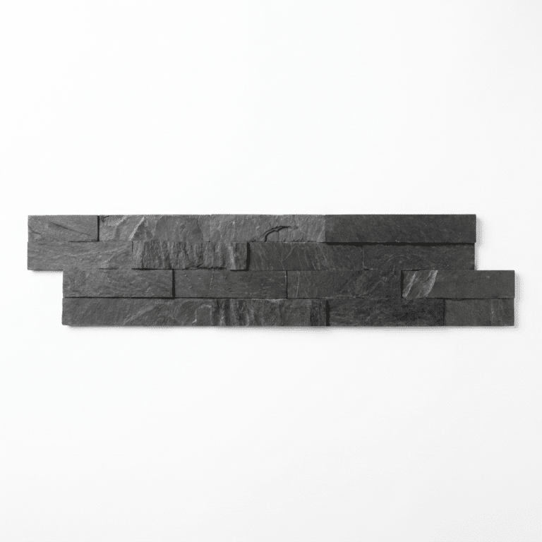Jak Black slate split face wall cladding tile close up, 600 x 150 mm