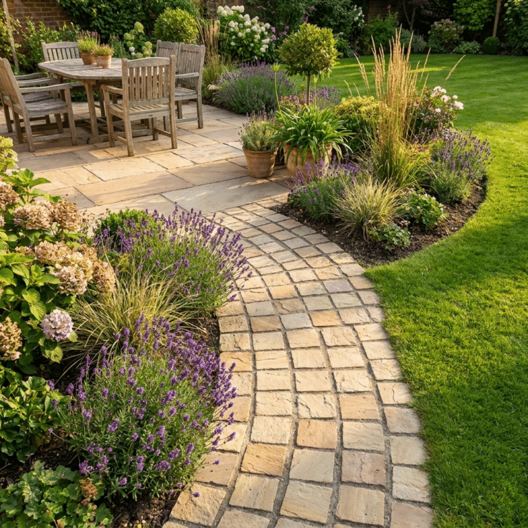 Sandstone Fossil mint cobble sett pathway leading to a sandstone fossil mint garden patio