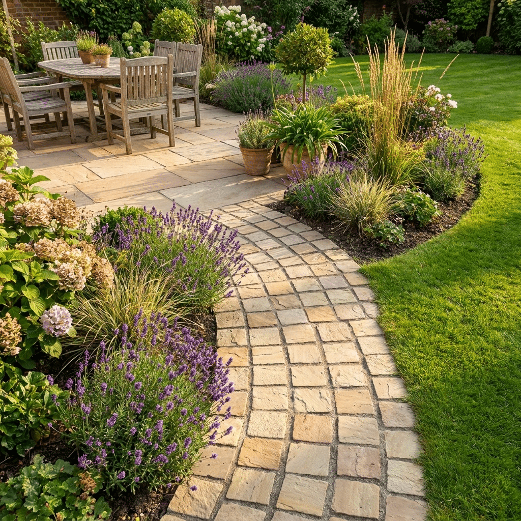 Sandstone Fossil mint cobble sett pathway leading to a sandstone fossil mint garden patio