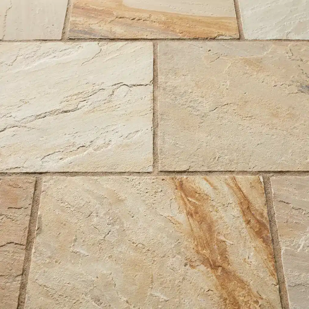 close up fossil mint sandstone paving slabs 600x600x22