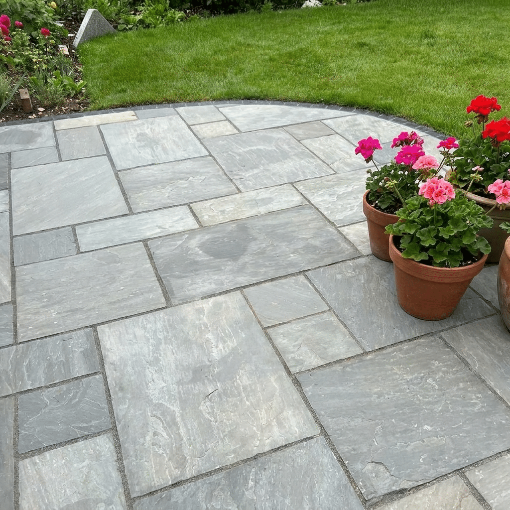 Kandla Grey mixed size sandstone paving slabs modern patio design