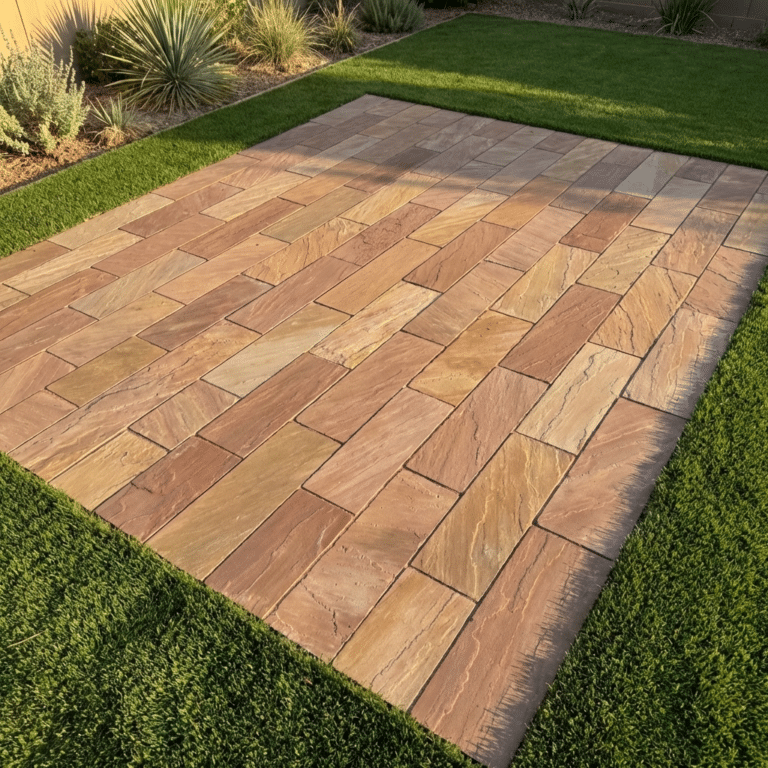 Raj greeen sandstone planks and edging with aftificial grass