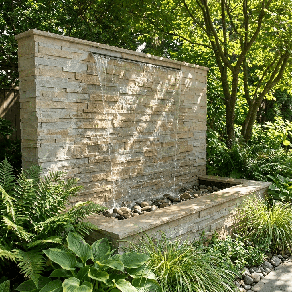 water feature in a garden using mint splitface cladding