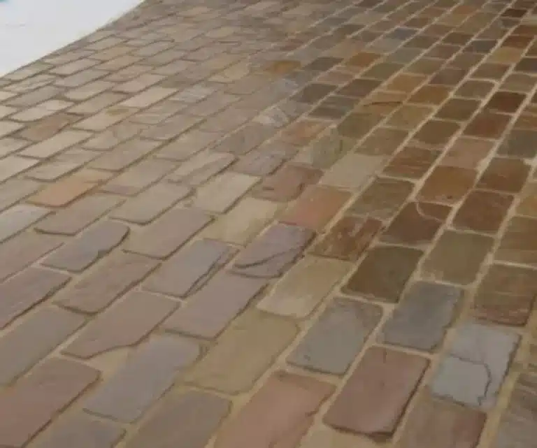 Autumn Brown Indian sandstone cobble setts, 200 x 100 x 40/60 mm, warm brown tones