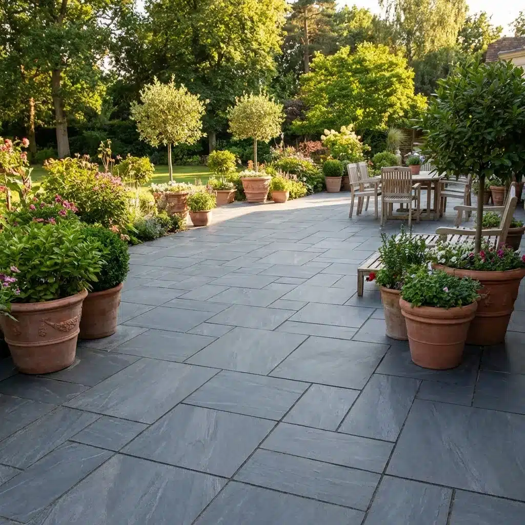 Black Anthracite porcelain paving slabs dark grey garden patio