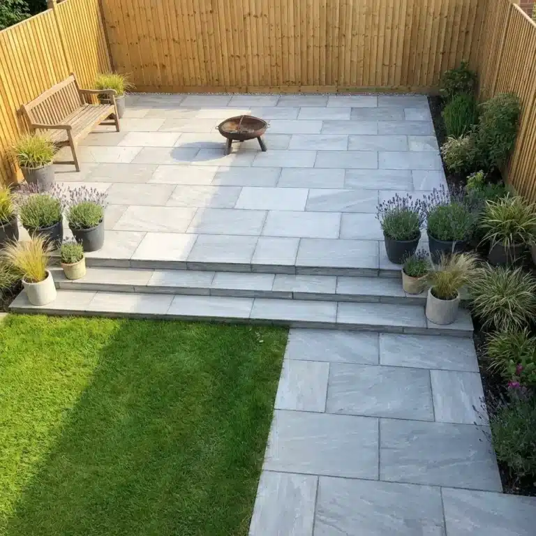 Kandla Grey Indian sandstone paving slabs natural riven finish