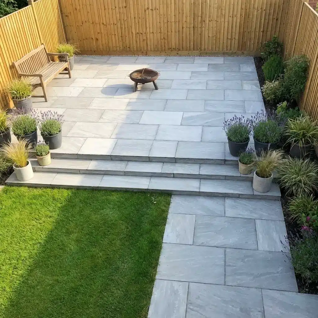 Kandla Grey Indian sandstone paving slabs natural riven finish