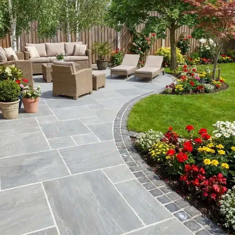Kandla Grey sandstone paving patio pack natural stone slabs laid in garden