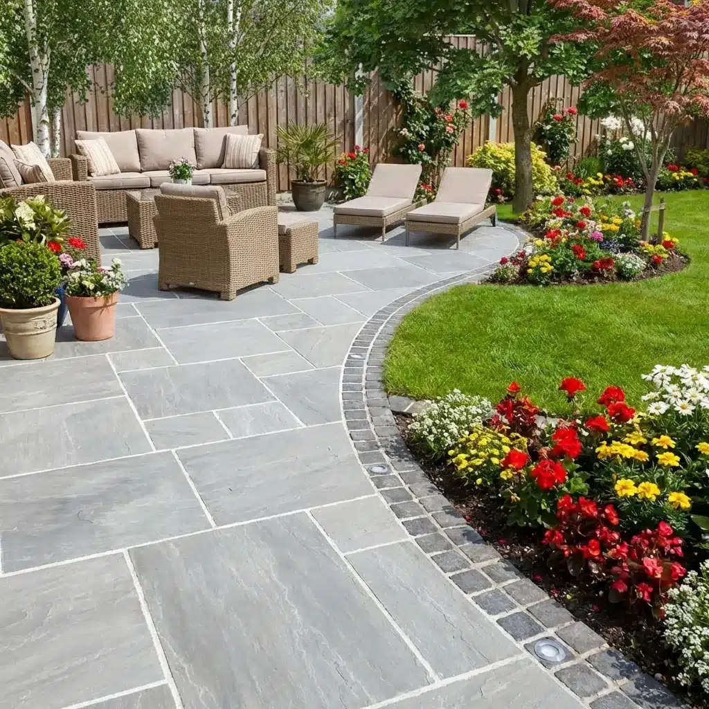 Kandla Grey sandstone paving patio pack natural stone slabs laid in garden