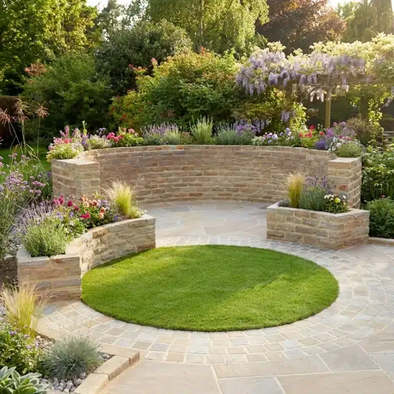 Raj Green sandstone walling in landscaped garden with raised beds and borders