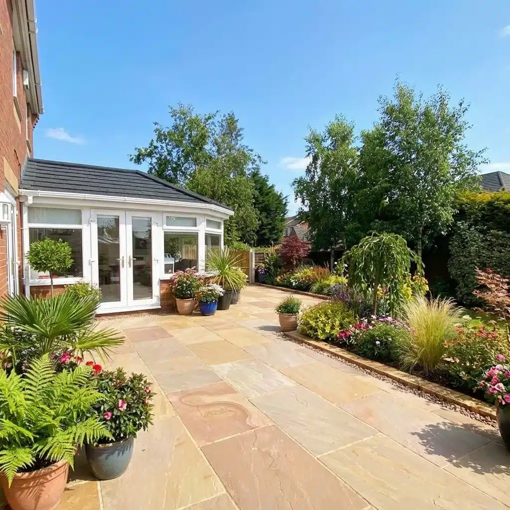 Raj Blend sandstone paving 600x900 slabs natural stone patio UK