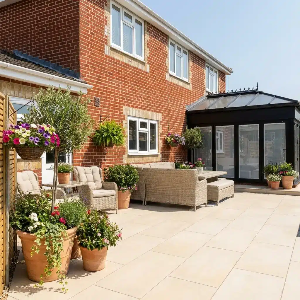 Aosta Crema Porcelain paving slabs sample for patio