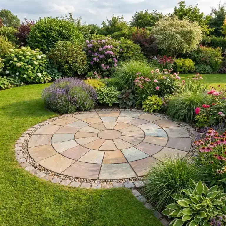Autumn Brown Indian sandstone paving circle, natural brown and buff tones, riven finish