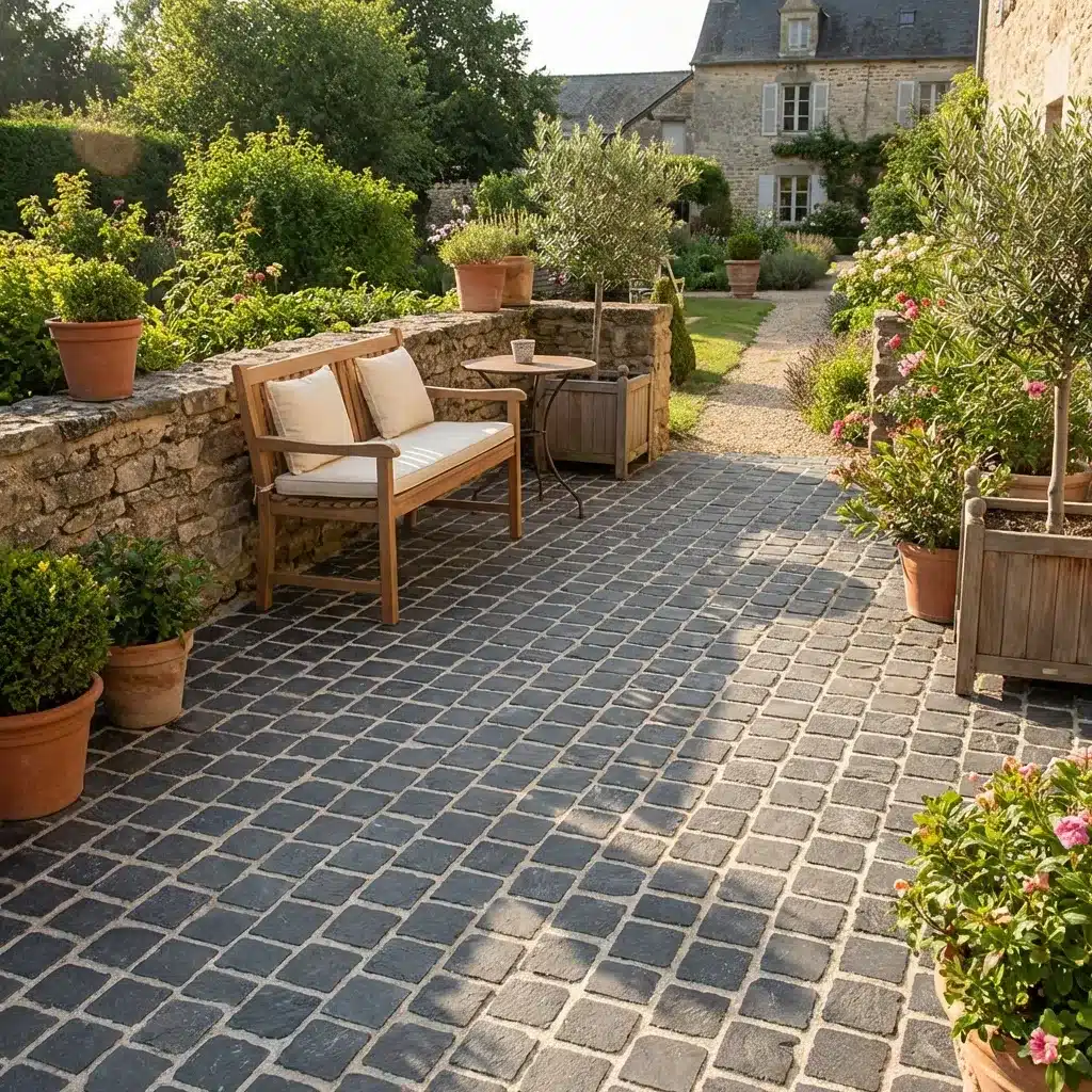 Black Limestone sawn edge cobble setts 100x100mm sample