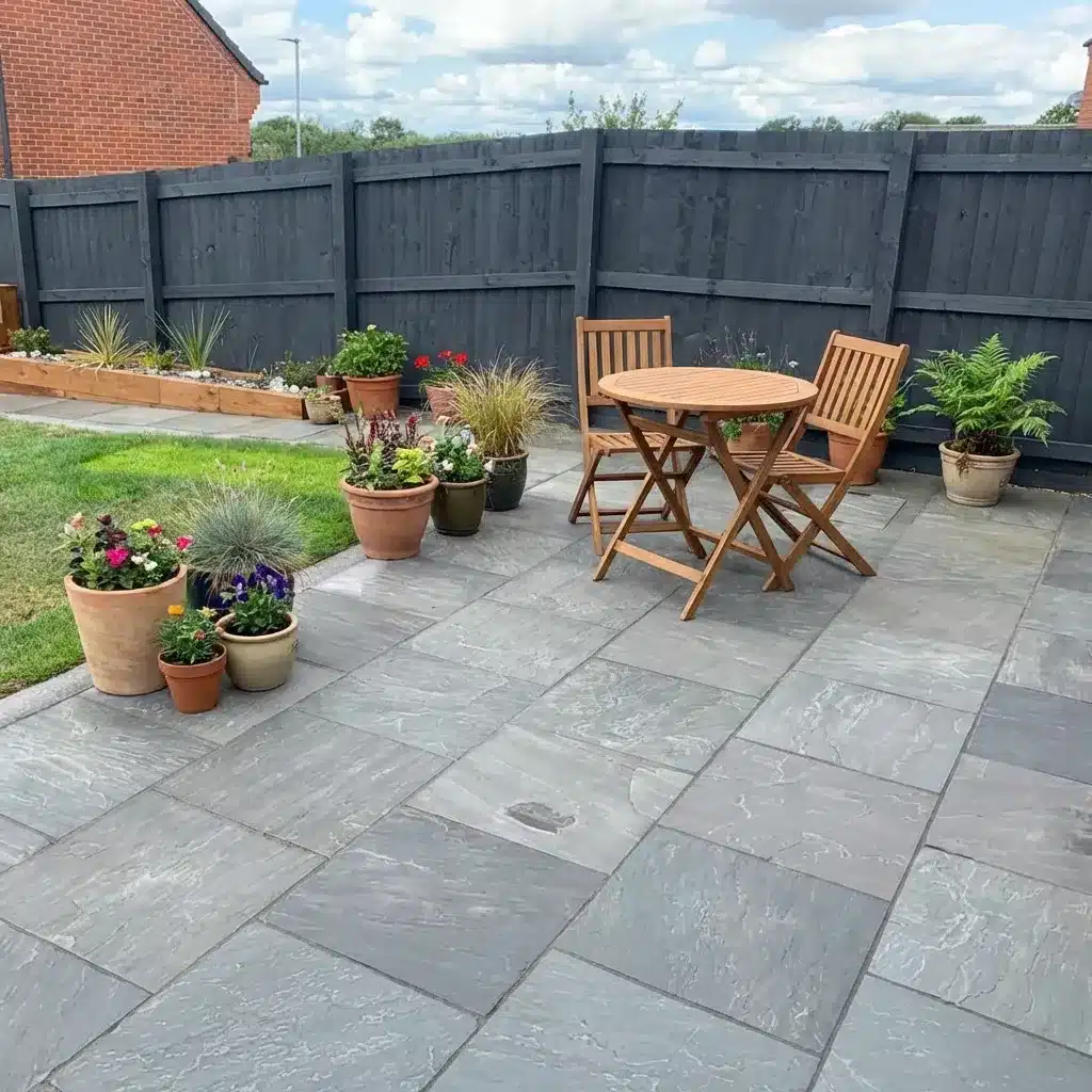 Kandla Grey Indian Sandstone paving slabs natural riven patio
