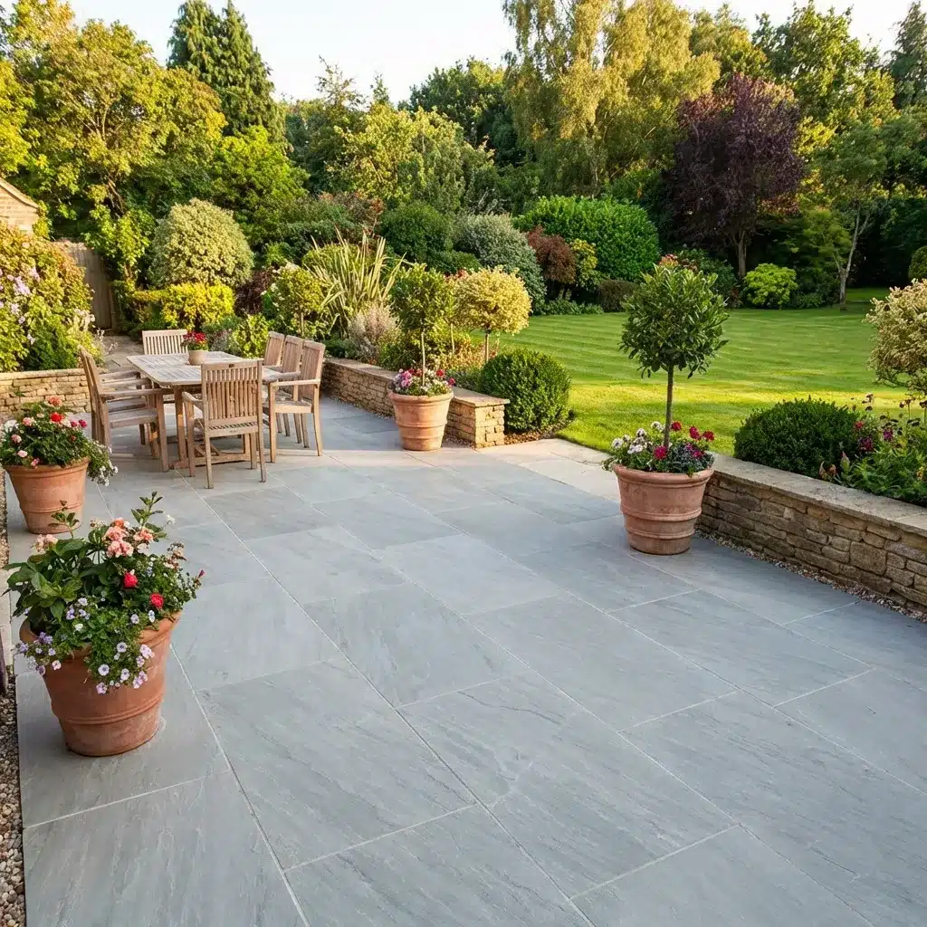 Kandla Grey sandstone paving slabs 100x100mm sample