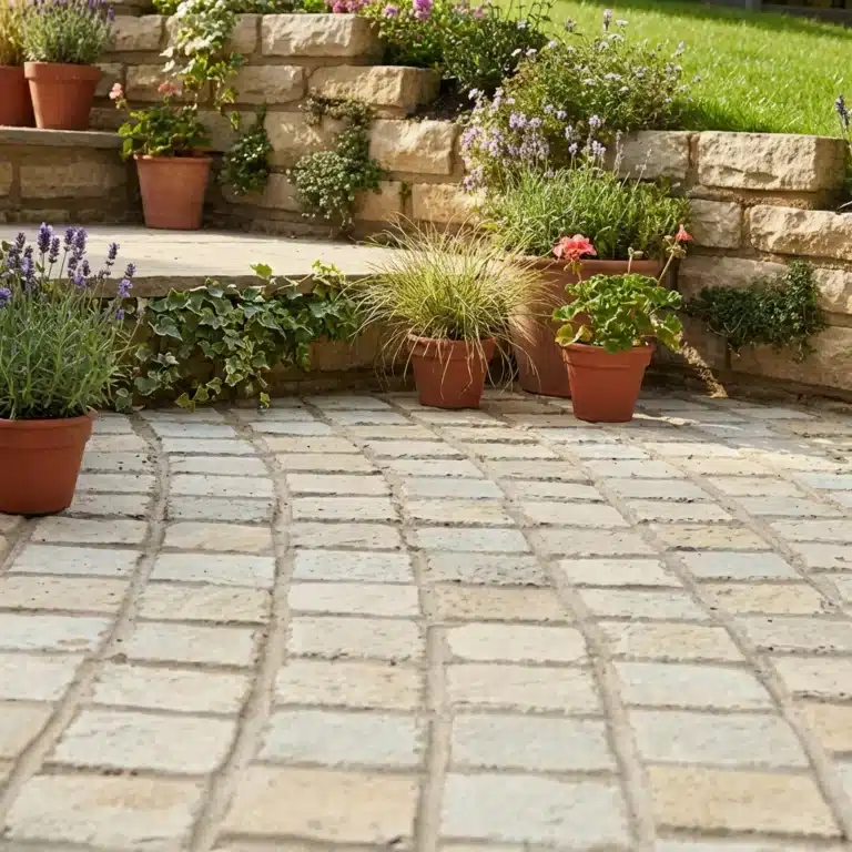Yellow limestone cobble setts, 100 x 100 x 40/60 mm, natural golden yellow stone