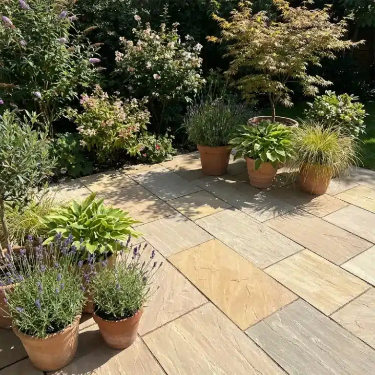 Camel Buff Sandstone paving slabs 100x100mm sample
