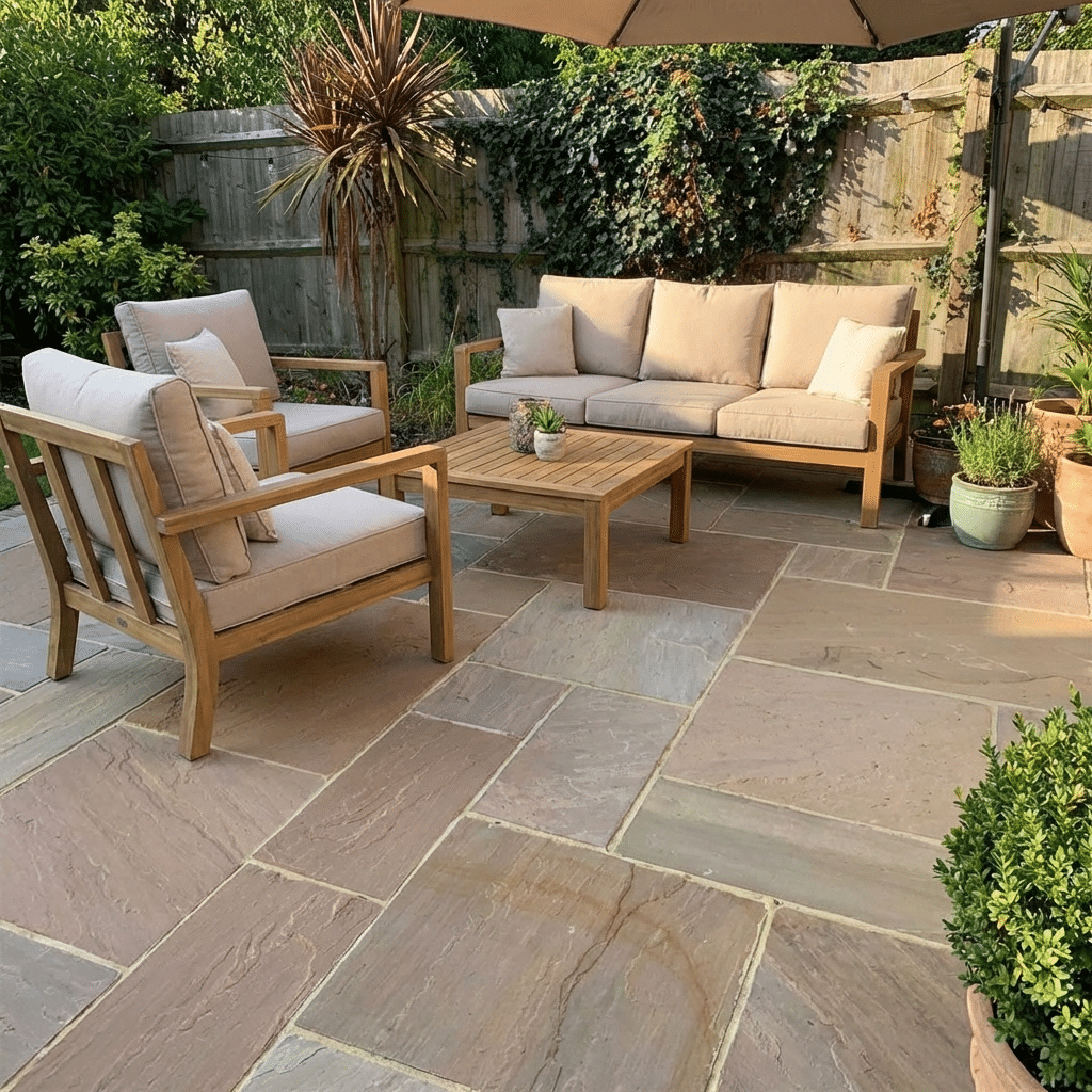 Raj Blend Sandstone paving slabs 100x100mm sample