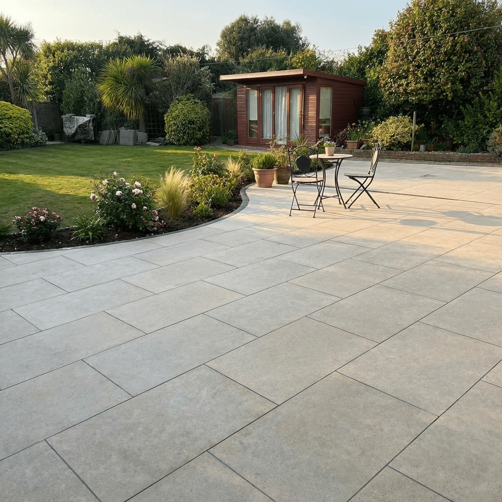 senai beogr porcelain apving patio, set in a garrdne with porcelain garden tiles 600 x 900