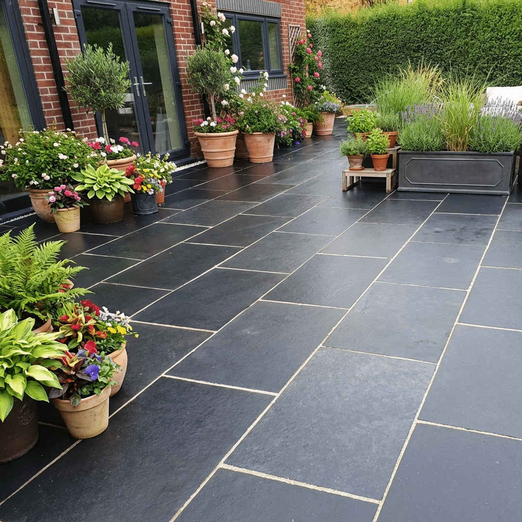 Black Limestone paving slabs 100x100mm sample