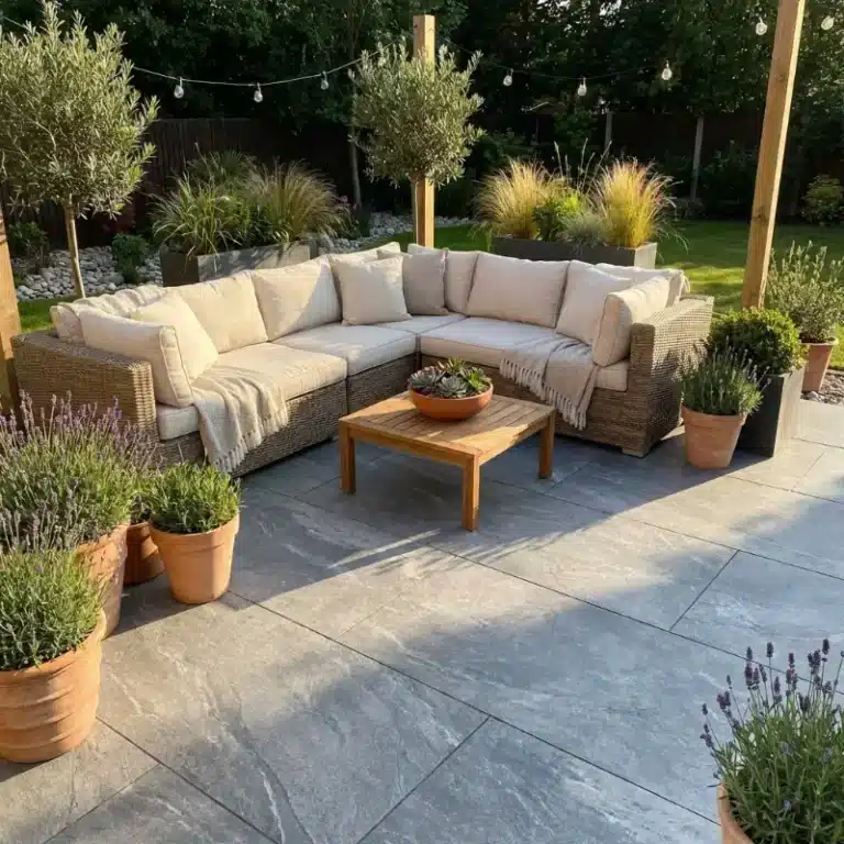 Earthcore Grey Porcelain paving slabs sample for patio