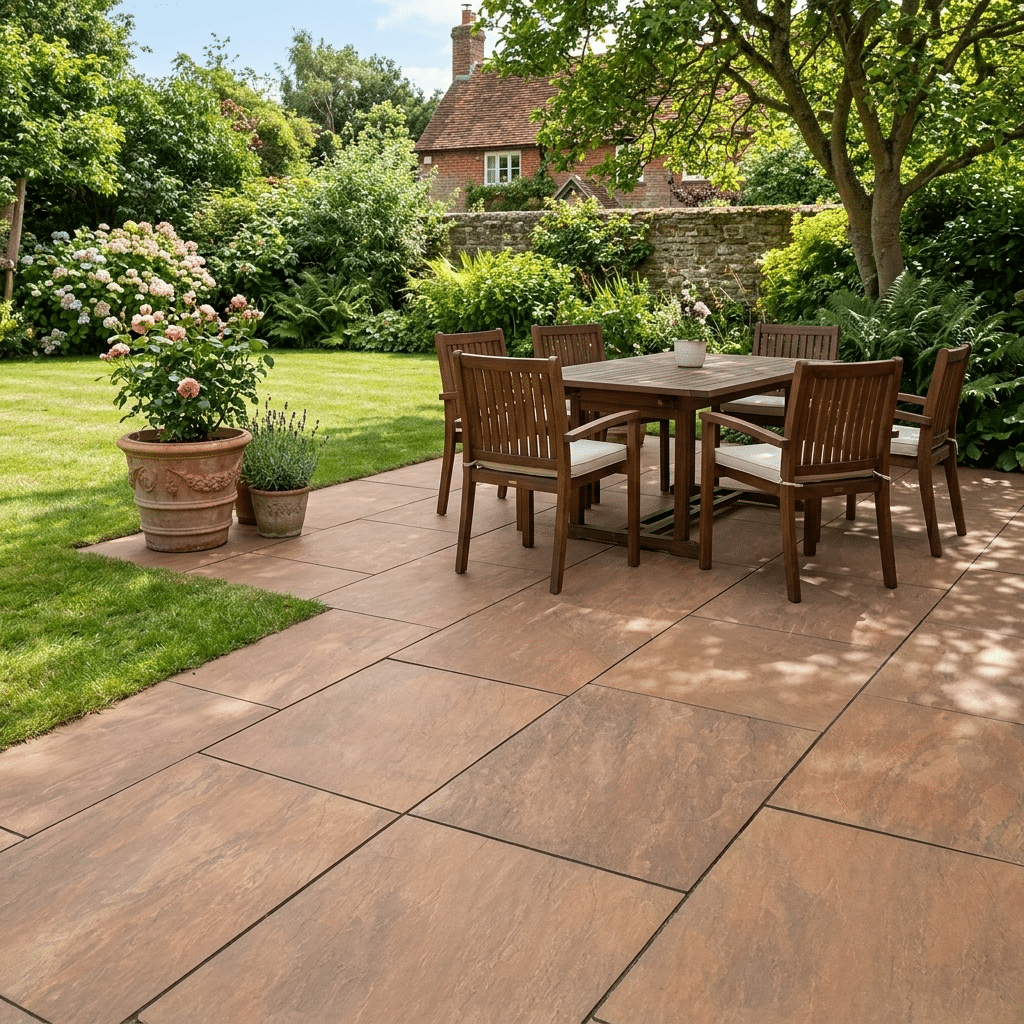 garden patio buff porcelain paving with table and chairs