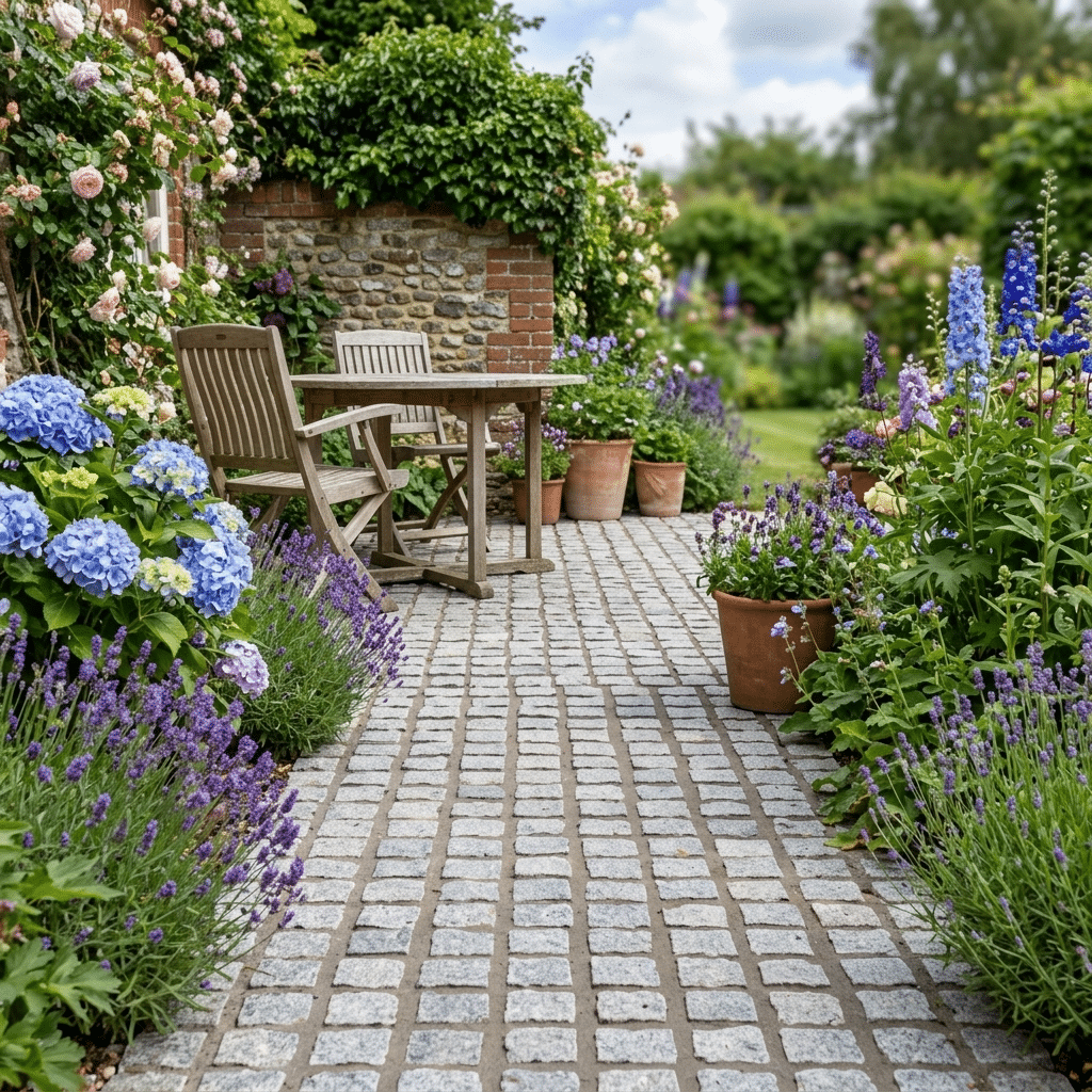 Silver Granite Cobble setts 100x100mm in a country Garden as a pathway