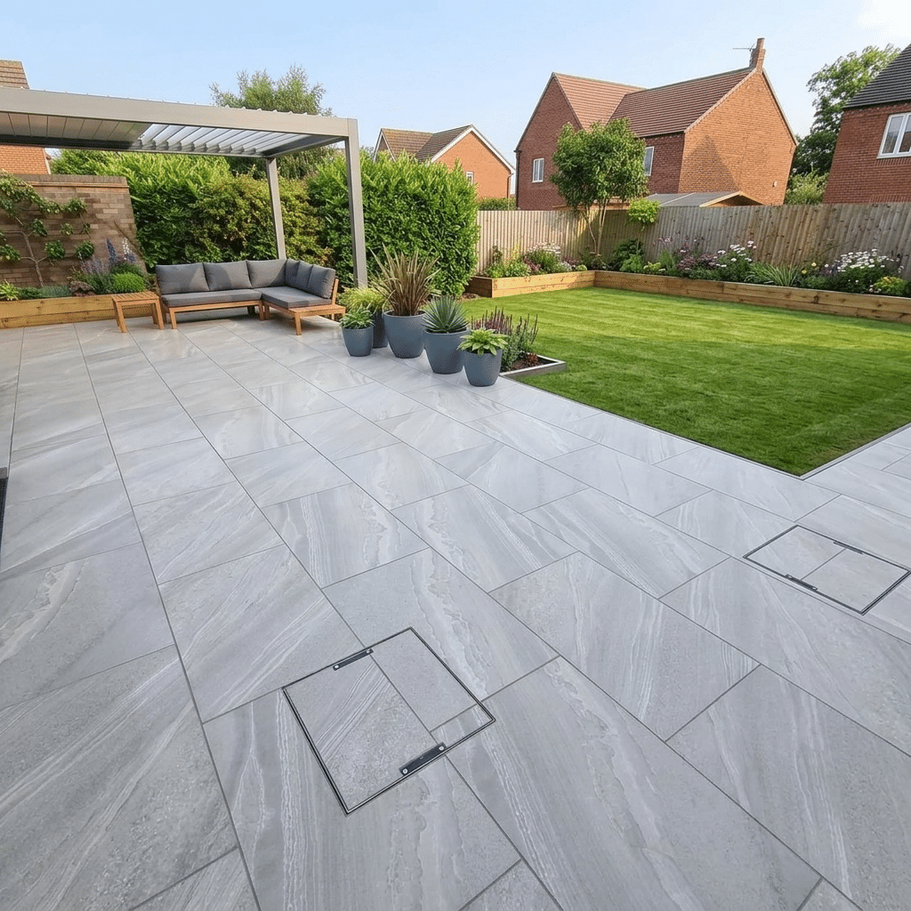 Crossover Grey Porcelain Paving Installed in Contemporary Garden Design